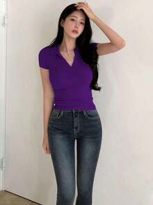 Camiseta polo de manga corta de ajuste ceñido de unicolor para mujer, casual de verano, casual de negocios, tops estilo universitario para mujer - Morado - Ver 2