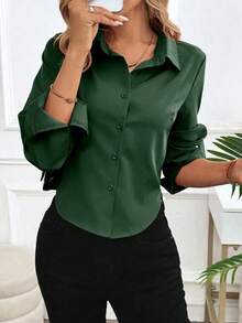 Blusa de unicolor informal para mujer para usar en el trabajo/diario, primavera-verano, con mangas largas - Verde - Ver 6