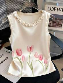Blusa de tirantes elegante con estampado floral y cuello de perlas brillantes para mujer, adecuada para citas, salidas casuales, ir al trabajo, tomar el té por la tarde, Día de la Madre, Día del Maestro - Multicolor - Ver 6