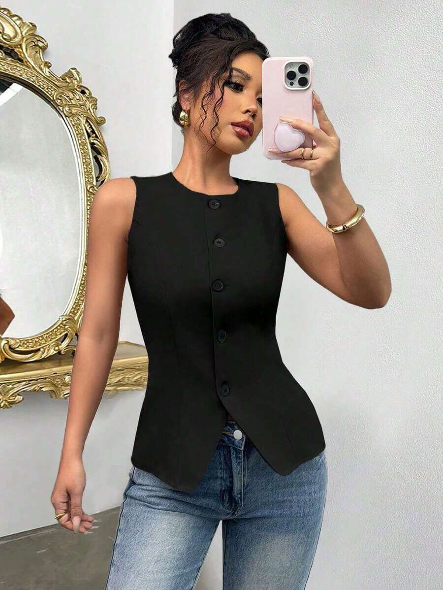 Camisa informal sin mangas de unicolor para el viaje del verano - Negro - Ver 1