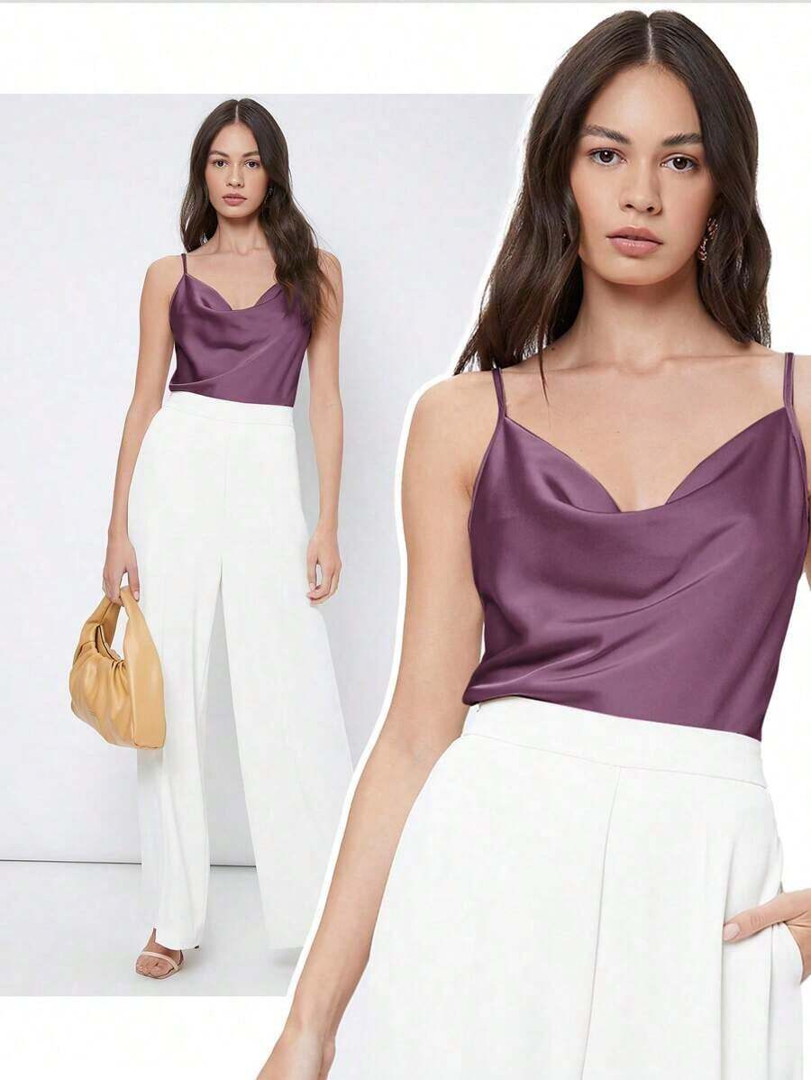 Top de satén sin mangas para mujer, elegante y romántica de unicolor, para uso casual y de negocios, adecuada para oficina, diario, otoño - Púrpura malva - Ver 1