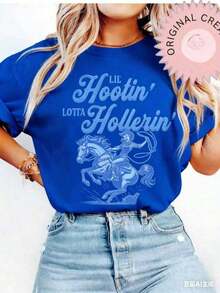 Oversized Short Sleeve T-Shirt With Vintage Cowboy Graphics, Retro Style, Washed © Cowboy T-Shirt, Western Style T-Shirt, Gift For Country Girl, 100% Cotton, Oversized Short Sleeve T-Shirt, Classic, Thick Cotton, With Graphic Print, Casual Short Sleeve T-Shirt For Women, New Stylish T-Shirt, 100% Cotton. - 藍色 - 查看 7