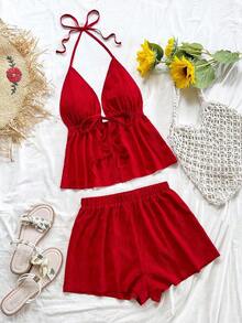 Conjunto de 2 piezas de vacaciones para mujer, top de tirantes con escote en V con textura rojo y shorts sueltos extremadamente cortos, adecuado para citas, fiestas y paseos por la ciudad - Rojo - Ver 5