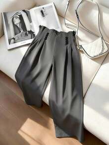 Pantalones anchos de mujer de cintura alta con pliegues y botones - Gris - Ver 3