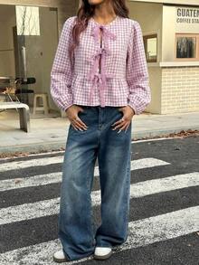 Blusa de cuello redondo de estilo vaquero, hippie y vintage para mujer, nueva llegada del verano 2025 - Rosa vieja - Ver 4