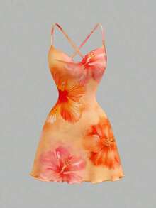 Vestido mini con cuello drapeado con estampado floral de hibisco naranja y amarillo en estilo retro vacacional elegante para mujer - Salidas, playa, bodas, cumpleaños, fiestas, chic, festival occidental, chica de isla vintage, vacaciones en la , - Multicolor 14 - Ver 5