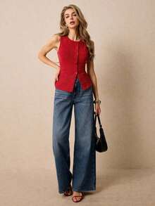 Camiseta sin mangas casual de cuello redondo y de un solo abotonadura para mujer - Rosa Roja - Ver 9