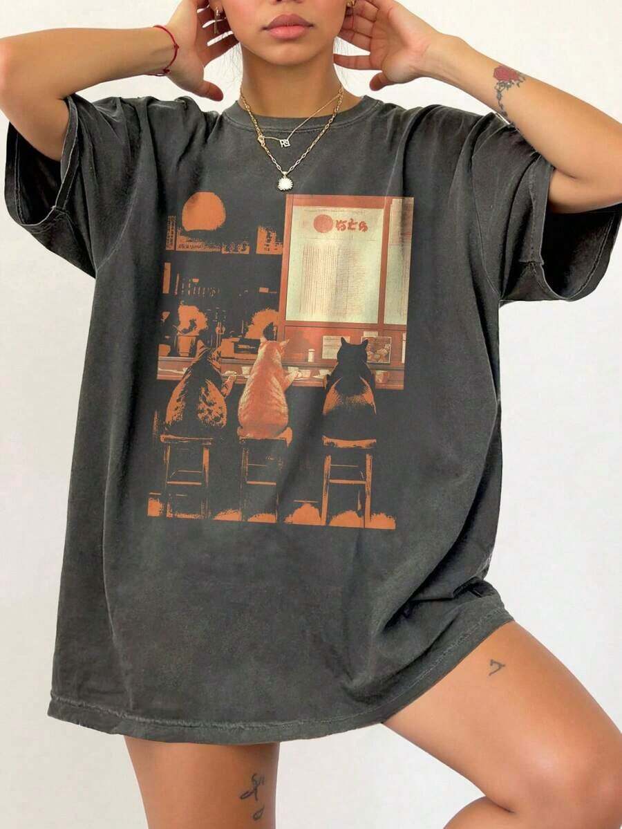 Camiseta de manga corta con cuello redondo y estampado divertido de rana, de estilo casual para mujer, para el verano - Gris Oscuro 3 - Ver 1