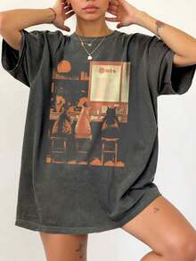 Camiseta de manga corta con cuello redondo y estampado divertido de rana, de estilo casual para mujer, para el verano - Gris Oscuro 3 - Ver 12