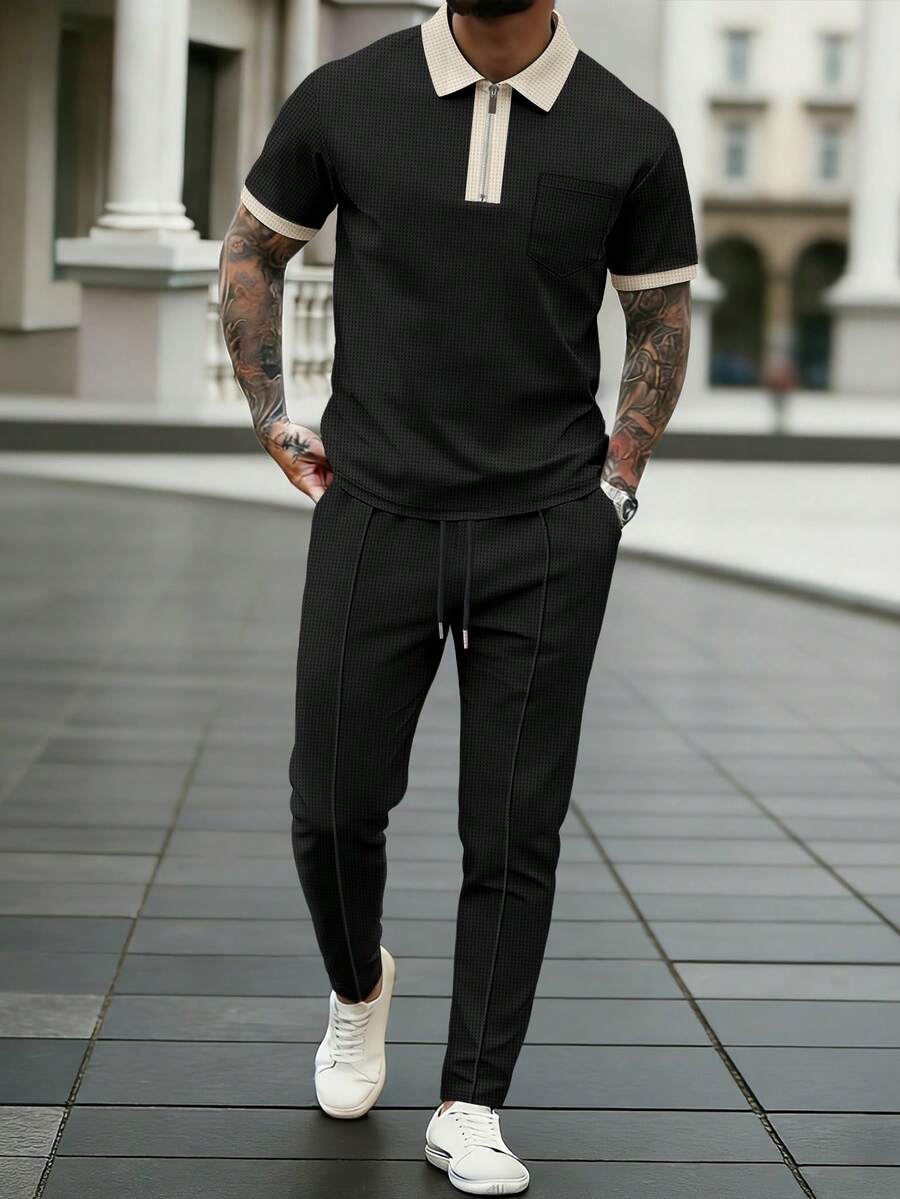 2pcs Men's Set: Contrast Color Half-Zip Waffle Polo Shirt + Drawstring Waist Casual Pants, Comfortable Breathable Stylish Color Block Outfit - 黑色 - 查看 1