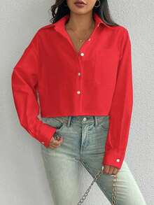 Camisa casual de manga larga con bolsillo, de ajuste suelto y hombros caídos, de unicolor, para primavera/verano, Top de manga larga - Rojo - Ver 3