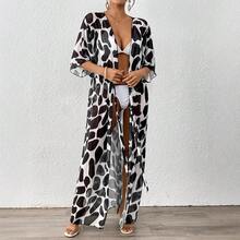 Women's Cardigan Loose Batwing Sleeve Tie-Waist Leopard Print Mesh Beach Bikini Cover-Up - Black - View 4