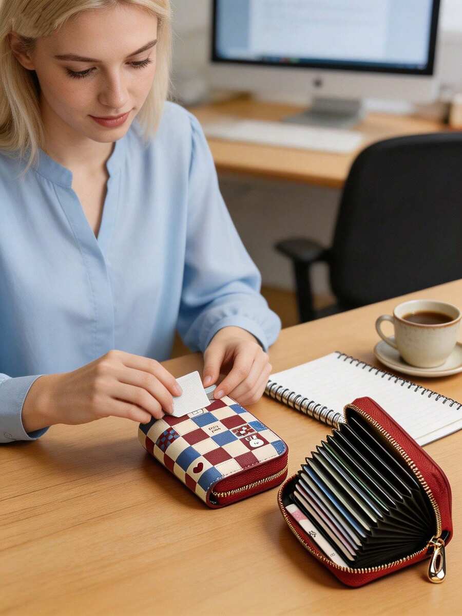 1pc Cute Rabbit Plaid Card Holder, Zipper Large Capacity 18 Card Slots, Can Hold Driver's License & Coins, Portable Anti-Theft, Suitable For Women Office Commute And Shopping! - Multicolor - View 1