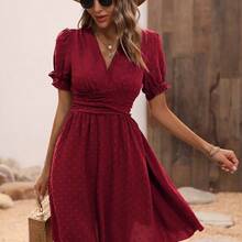 Swiss Dot Puff Sleeve Ruffle Detail Shirred Waist A-line Dress - Verde militar - Ver 8