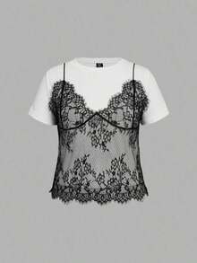 Camiseta corta de manga corta de talla grande de 2 en 1 con cuello redondo y contraste de encaje, para el verano - Blanco y Negro - Ver 1