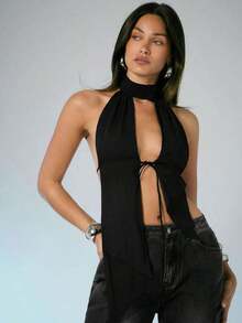 Top halter de malla con cuello alto, espalda abierta y recortes sexy, top sin espalda, atuendos de vacaciones para mujer, atuendos de verano para mujer, de moda, atuendos para ir de fiesta, tops sexy - Negro - Ver 1