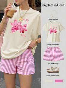 Conjunto de top de manga corta holgado con estampado floral y shorts a rayas para mujer, conjunto informal de verano de 2 piezas para mujer, traje de mujer, conjunto de verano para mujer, ropa de vacaciones, atuendo de viaje, estilo de playa, ropa de vacaciones minimalista - Multicolor - Ver 1