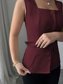 Blusa elegante de mujer con cuello cuadrado sin mangas, decoración con bolsillo falso, camisa ajustada de oficina, primavera/verano - Burdeos - Ver 3