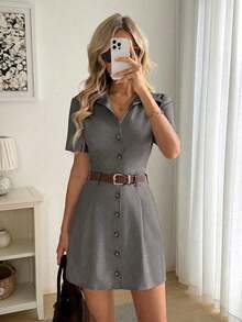 Vestido camisero de mujer de manga corta con rayas - Gris - Ver 1