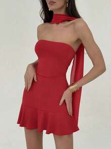 Vestido mini ajustado rojo de estilo romántico para el Día de San Valentín para mujeres - Rojo - Ver 3