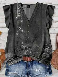 Blusa casual con cuello en V, estampado floral y volante en el bajo, adecuada para el verano - Gris Oscuro - Ver 3