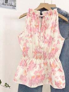 Blusa casual versátil de uso diario con estampado floral y pliegues para mujer - Rosa Pálido - Ver 2