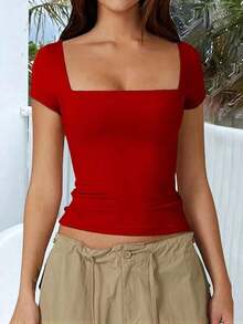 Camiseta de manga corta ajustada y sexy con cuello cuadrado de punto de unicolor para mujer Vaiaye, top de activewear para primavera/verano, adecuado para el Día de San Valentín en color rojo casual - Rojo - Ver 7
