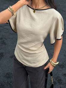 Camisa casual de mujer con ribete de contraste en la cintura y manga corta, para verano - Albaricoque 2 - Ver 8