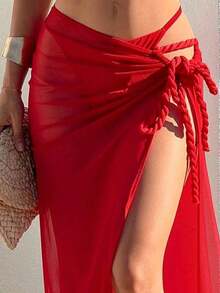 Costavie Conjunto de 3 piezas de bikini para mujer con vestido largo calado, estampado de teñido anudado multicolor, tirantes trenzados y cordones laterales, para primavera/verano 2026 - Rojo - Ver 5