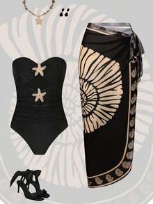 Swim Oasis Conjunto de playa de 2 piezas con traje de baño de una pieza con escote halter, recortes, parches de colores, decoración metálica con efecto océano y falda de malla degradada para mujer, primavera/verano - Negro - Ver 7