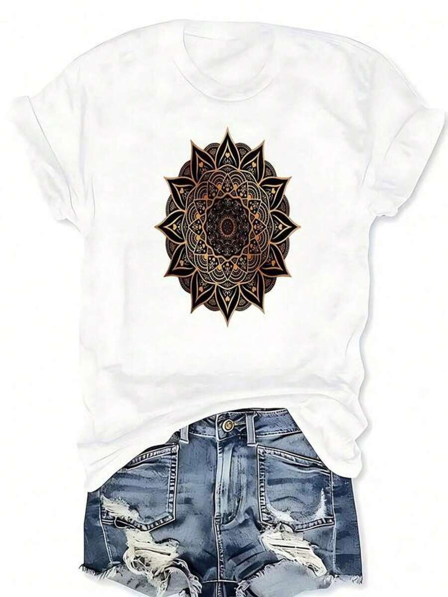 Camiseta de cuello redondo con estampado gráfico floral de mandala Maycaur, camiseta casual de manga cortarrimavera y verano, ropa de talla grande para mujer