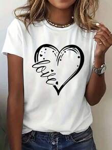 Cute Heart Print T-Shirt, Short Sleeve Round Neck, Casual Tops For Summer And Spring, For Women - White - View 1