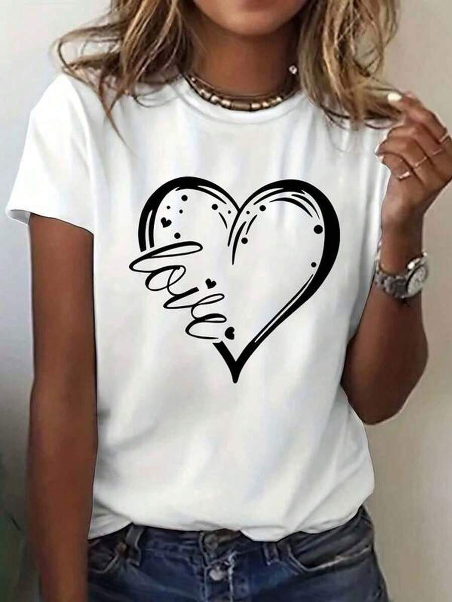 Cute Heart Print T-Shirt, Short Sleeve Round Neck, Casual Tops For Summer And Spring, For Women - White - View 1