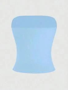 Camiseta sin tirantes sexy básica, top tubo ajustado de unicolor y elástico a la moda, adecuado para mujeres en todas las estaciones, casual negro de verano - Azul cielo - Ver 9