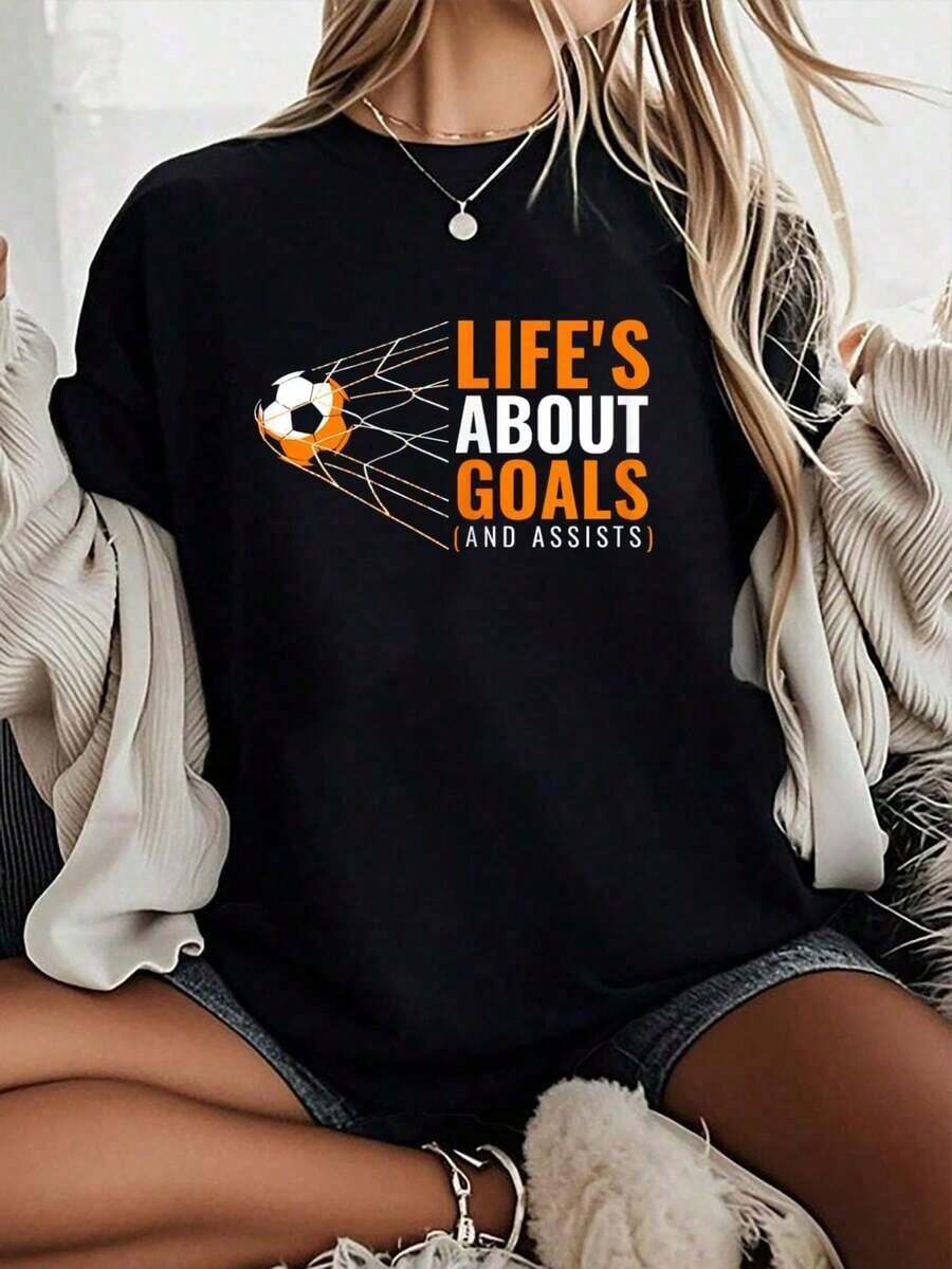 Women's Plus Size Clothing 100% Pure Cotton, Football Clothing With Fun Prints For Young People, Comfortable And Cozy T-Shirts For Spring/Summer, Women's Holiday Sets, Suitable For Women's Casual Daily Wear, Ideal For Spring, Summer And Autumn. - 黑色 - 查看 1