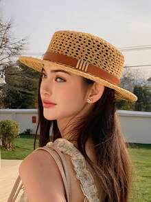 1pc New Versatile Hollow-Out Flat Top Sun Hat For Women, Fashionable, Comfortable, Elegant, Suitable For Outdoor Travel, Vacation, Gathering, Shopping, Daily Wear - Multicolor - View 2