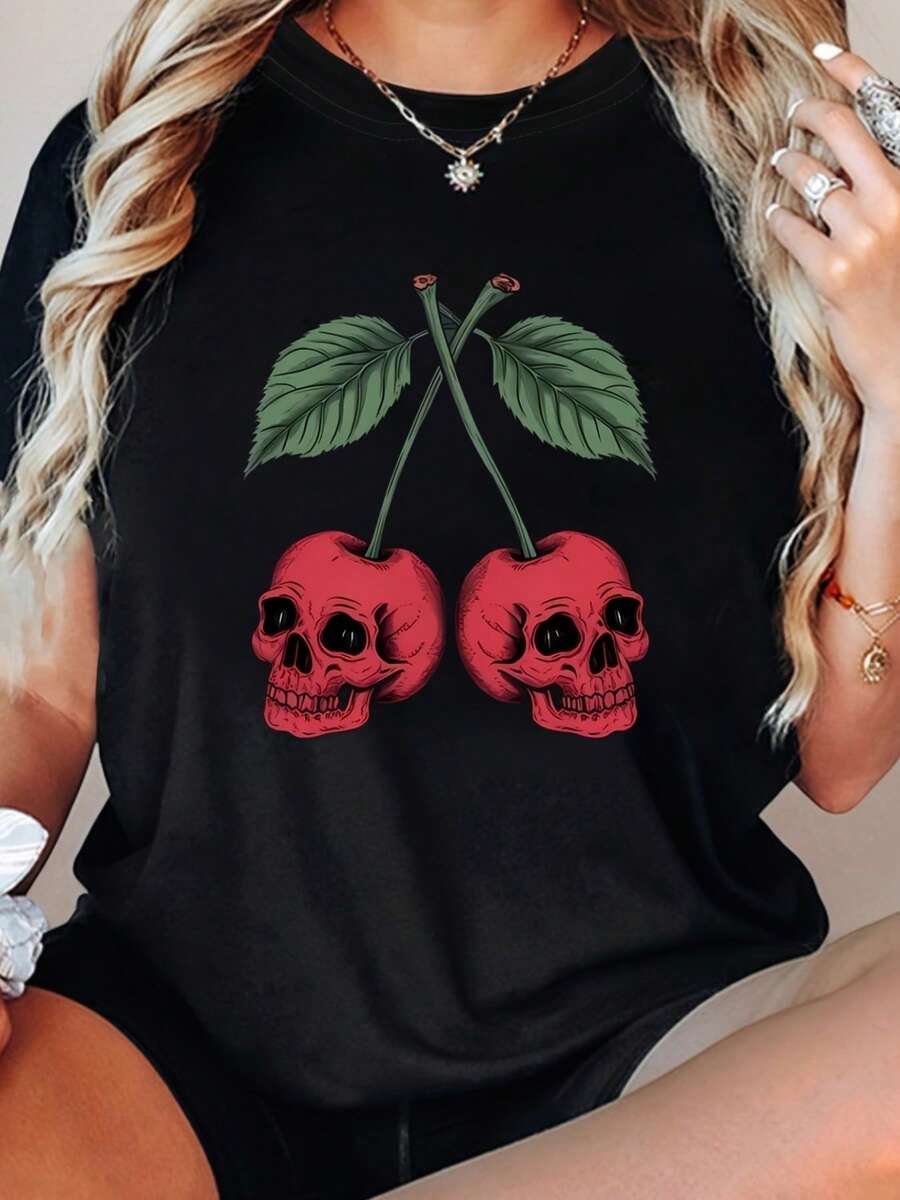 Talla, Camiseta de Cuello Redondo para Mujer con Estampado de Calavera y Cerezas, Primavera/Verano - Negro - Ver 1