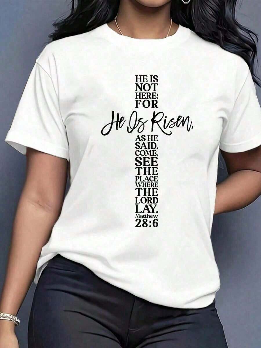 Camiseta de Pascua 100% Algodón Puro con Estampado Divertido "Él Ha Resucitado" y Cruz de Jesús, Estilo Mateo, para Mujer, Estilos Cómodos y Acogedores de Verano, Adecuada para el Uso Diario Casual de Mujeres. 2026 - Camiseta Unisex de Algodón de Manga Corta y Cuello Redondo, Estilo Vintage Urbano. Blusas para mujer. blusas.blusas casuales para dama. - Blanco - Ver 1