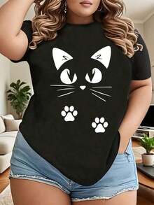 100% algodón Talla Grande - Talla Grande - Camiseta casual y moderna de cuello redondo para mujeres de talla grande, con un diseño minimalista que presenta caras de gato de dibujos animados y huellas de patas, perfecta para primavera y verano. - Negro - Ver 5