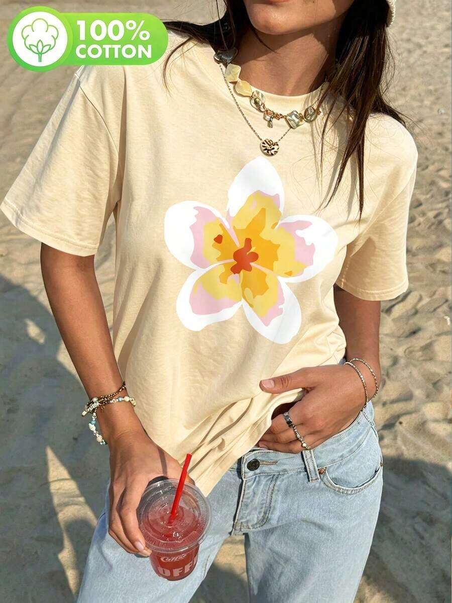 Camiseta de Verano con Estampado Floral de Flores, Cuello Redondo, Manga Corta, Estilo Casual Minimalista Fresco para Vacaciones, de Algodón Puro con Estampado de Letras. - Albaricoque - Ver 1