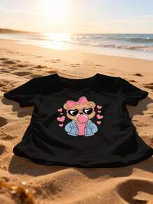Playera elástica para mujer que define la cintura, con estampado de oso lindo, corazón, gafas de moda y lazo, de manga corta y cuello redondo, estilo Harajuku, suave y transpirable - Negro - Ver 4