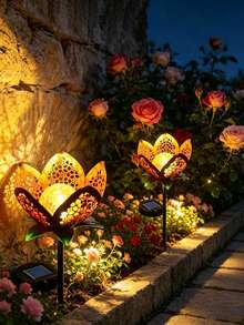 1pc Solar Powered Tulip Decorative Garden Waterproof Metal Garden LED Light, Suitable For Yard, Garden, Lawn, Pathway, Patio, Courtyard, Decorative Atmosphere Light - Multicolor - View 1
