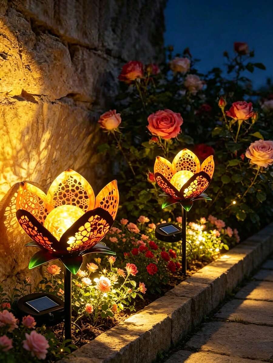 1pc Solar Powered Tulip Decorative Garden Waterproof Metal Garden LED Light, Suitable For Yard, Garden, Lawn, Pathway, Patio, Courtyard, Decorative Atmosphere Light - Multicolor - View 1