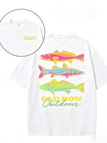 Men's Casual Summer Washed Cotton T-Shirt Old Row Outdoor Fish Print, Round Neck Short Sleeve Lightweight Knitted Fabric, Rib Details 100% Cotton - 純棉白色 - 查看 8