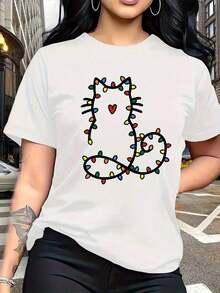 Playera de mujer 100% algodón manga corta estampado gato navideño estilo lindo para verano - Blanco - Ver 1