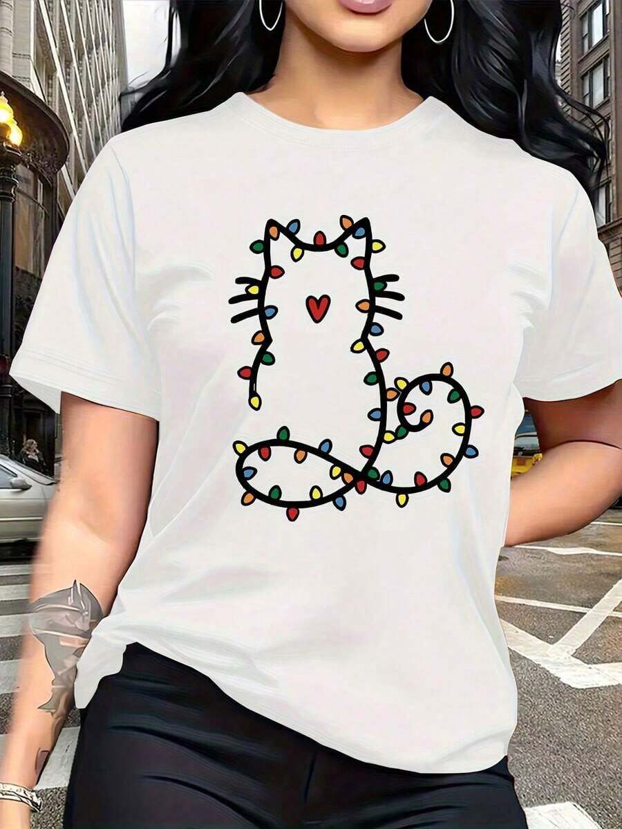 Playera de mujer 100% algodón manga corta estampado gato navideño estilo lindo para verano - Blanco - Ver 1