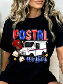 1 Postal Worker T-Shirt With A Mail Truck And Mailbox Design For Employees And Mail Carriers. Fun Gift For Postal Workers And Mail Delivery Staff. 180g 100% Cotton. - 黑色 - 查看 7
