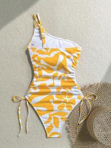 Traje de baño de una pieza con estampado todo sobre con cordón lateral para mujer, ideal para vacaciones y playa - Amarillo - Ver 2