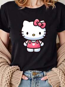 1 pieza de camiseta casual de manga corta con cuello redondo para mujer de   con estampado de . Hecho de puro algodón. Lavable a máquina. Adecuado para todas las estaciones. Ropa de verano. Diseño Divertido, Atractivo, Vanguardista y Personalizado. Tela opaca. 100% algodón. - Negro - Ver 6