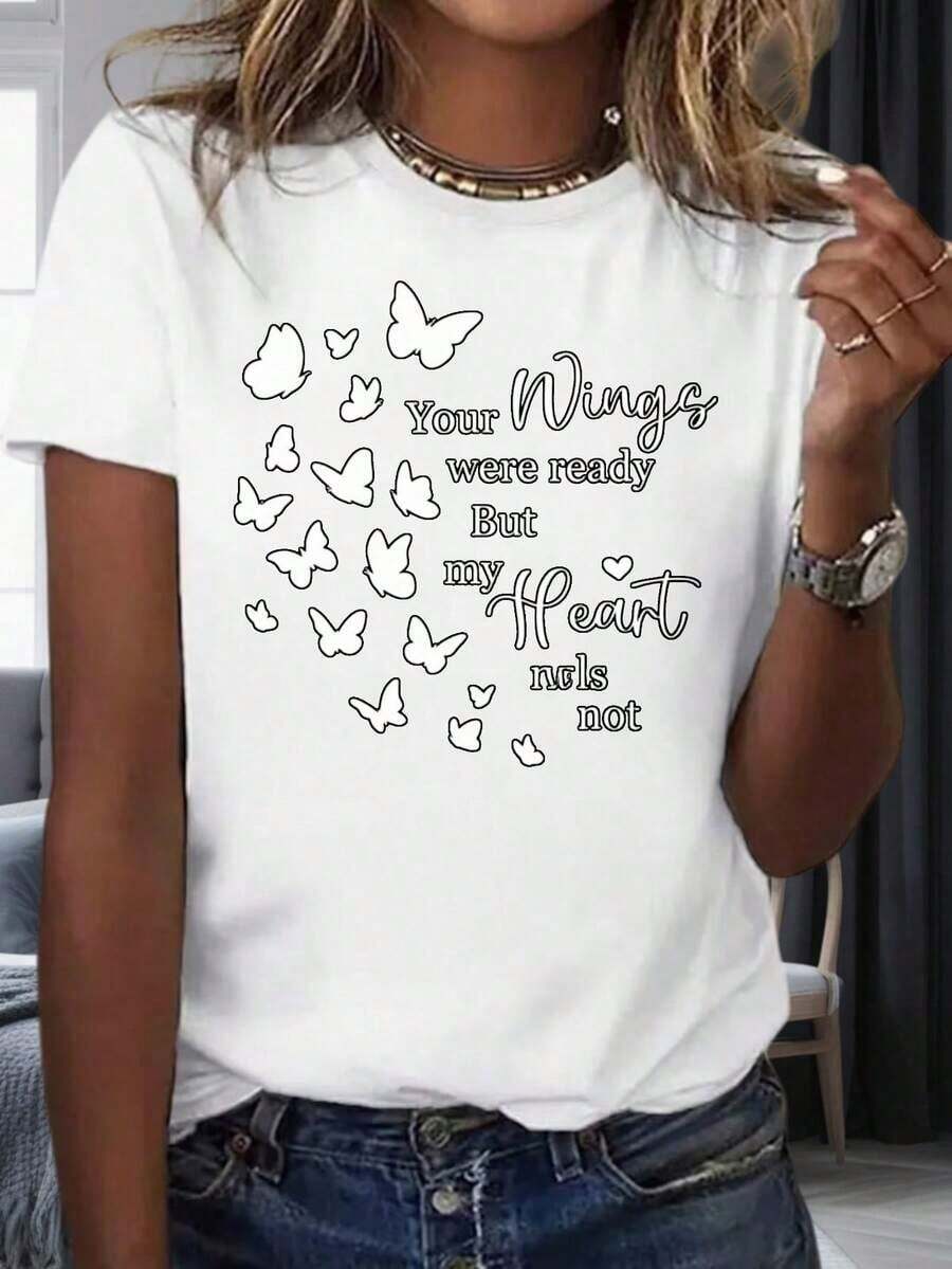 1 pieza: "Tus alas estaban listas, pero mi corazón no". Camiseta con diseño de mariposa para mujer, top casual de moda, ropa para fiestas y vacaciones, 220mg, 100% algodón.ropa de calor mujer - Blanco - Ver 1